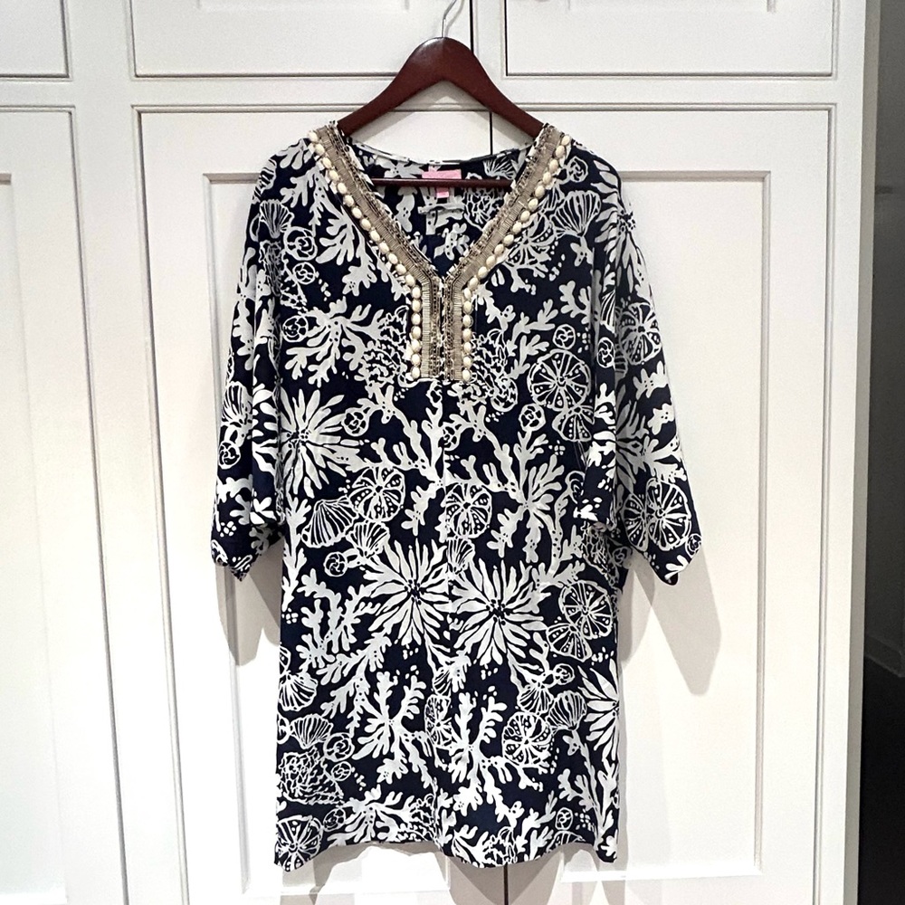 Lilly Pulitzer Navy & White Beaded Wilda Caftan Tunic Dress - Picture 7 of 12